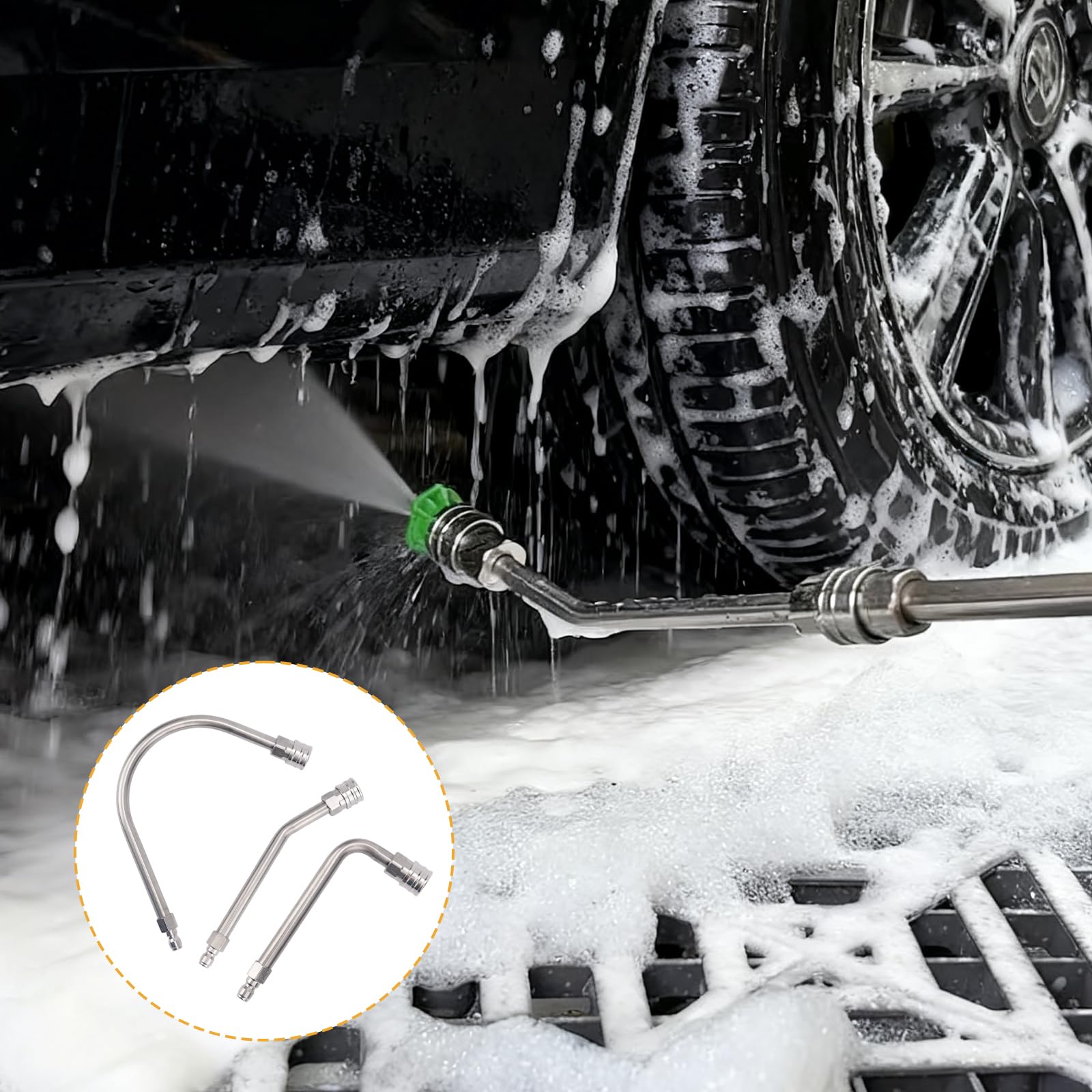 3pz Prolunghe per Idropulitrice, Attacco Pulizia delle Grondaie con Asta Curva da 30° 90° e 120° con Attacco Rapido 1/4" e Prolunga 4000 PSI per Idropulitrice (Argento)