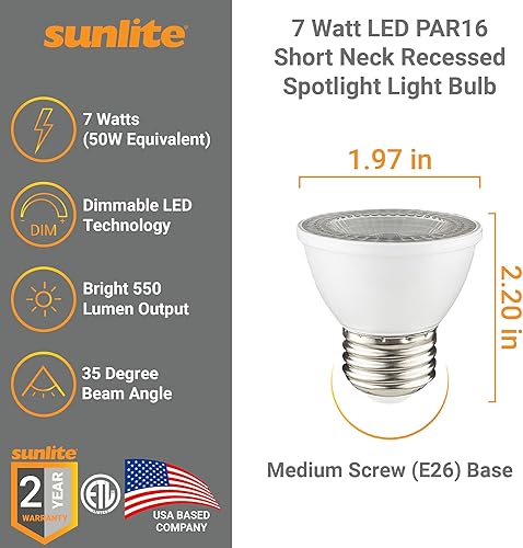Miniatura 2 de Sunlite Bombilla LED PAR16 regulable, de cuello corto, empotrable, 7 vatios, (reemplazo halógeno de 50 W) 500 lúmenes, base E26 media, certificación