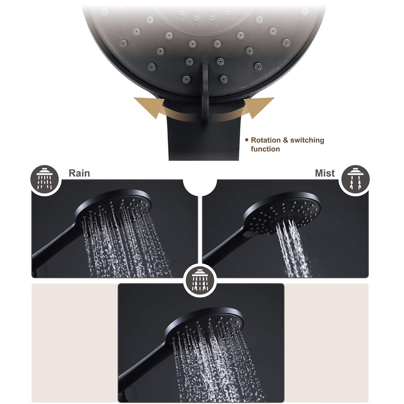 Set soffione Doccia Nero Set soffione Doccia in ABS Soffione Doccia a Risparmio idrico 3 funzioni Soffione Doccia Manuale ad Alta Pressione con Tubo Doccia da 1,5 m e Supporto