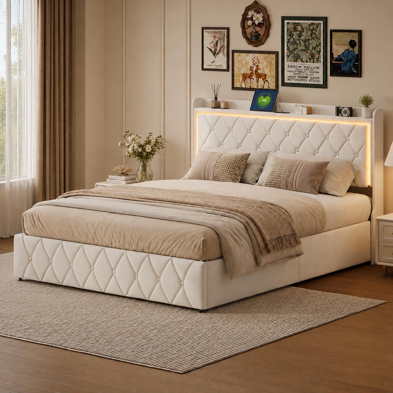 Cama de Matrimonio 140x200 cm con Canapé Abatible Hidráulico, Cama Doble Tapizada de Terciopelo Beige con Almacenaje, Cabecero LED RGB con 2 USB-A y USB-C, Somier de Láminas, Sin Colchón