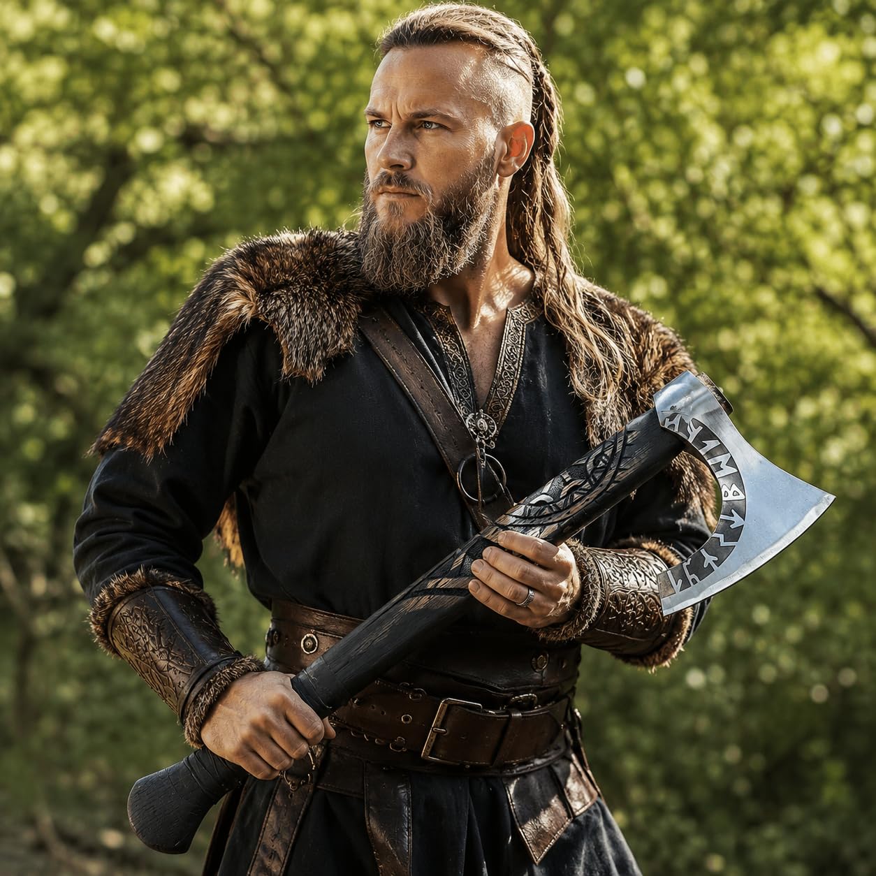 Viking Beard Axe with Handmade ash Wood Handle and Camoing Axe with Runes Engraved