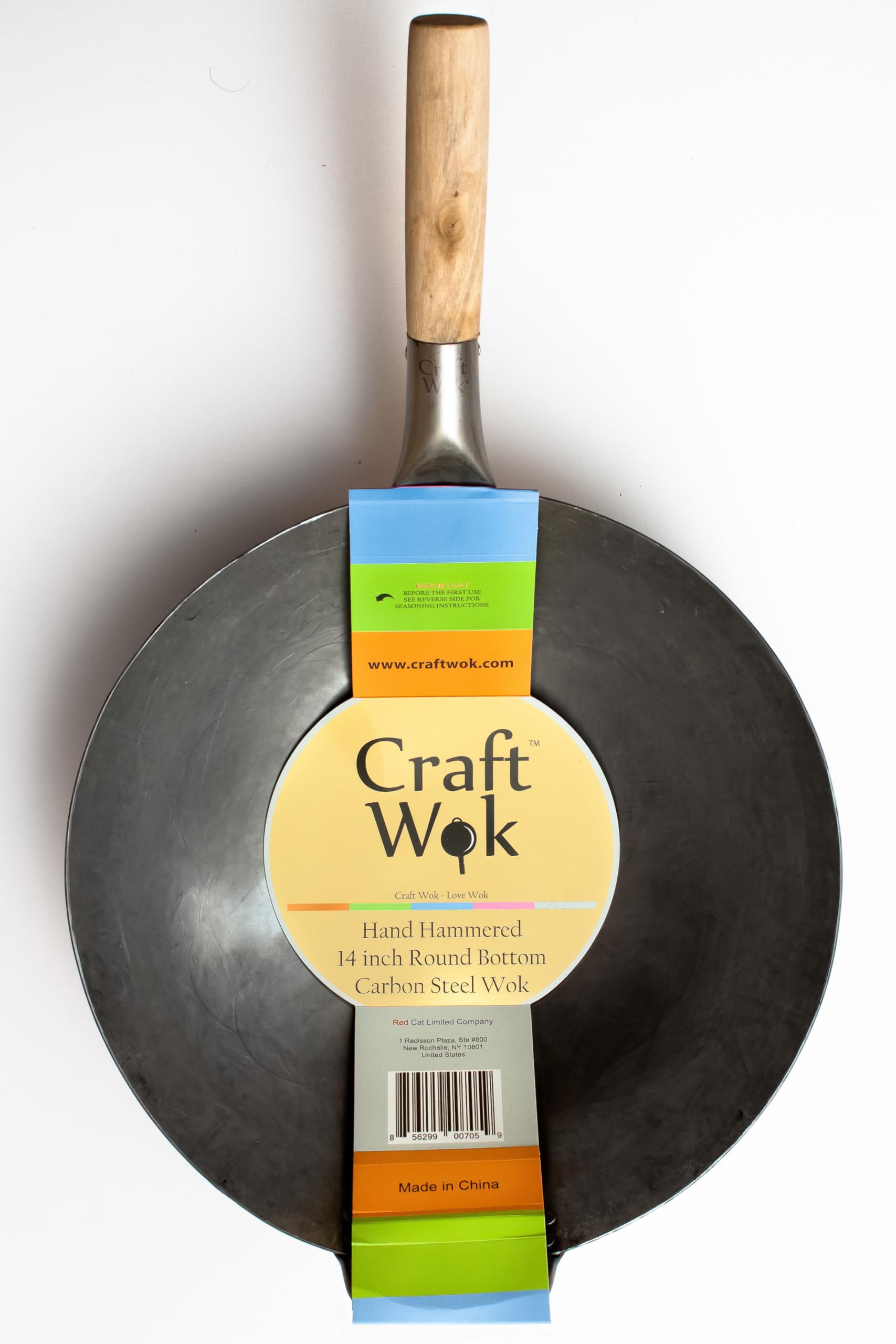 Craft Wok Traditioneller handgehämmerter Wok aus Karbonstahl mit Griff aus Holz und Stahl (Durchmesser 35,6 cm, Rundboden)/731W88