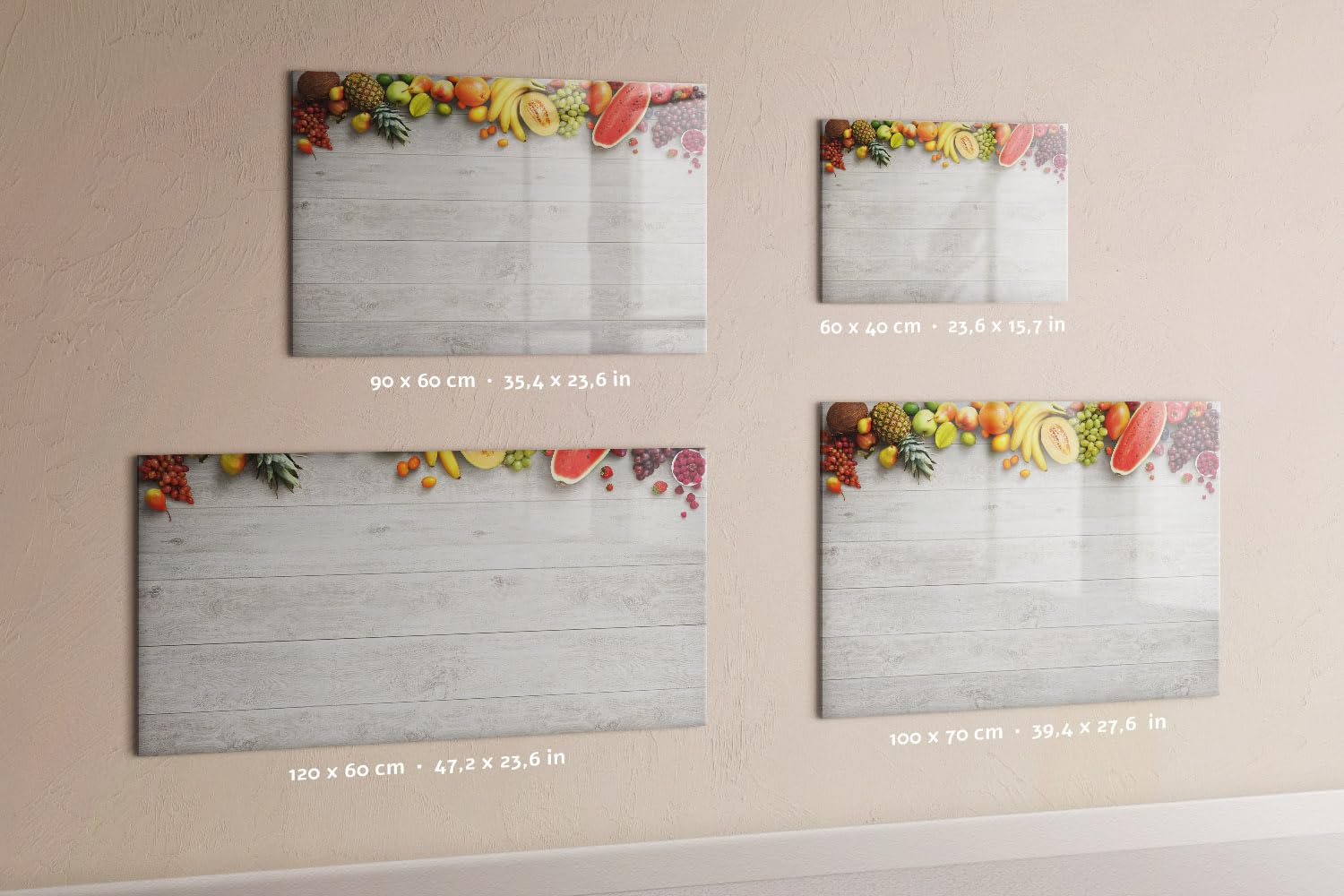 Magnetische Glas-Memoboard Tafel inkl. Neodym-Magnete, Marker & Schwamm | Edles Design & langlebige Oberfläche | Für jeden Raum- 120x60 - Obst auf dem Tisch