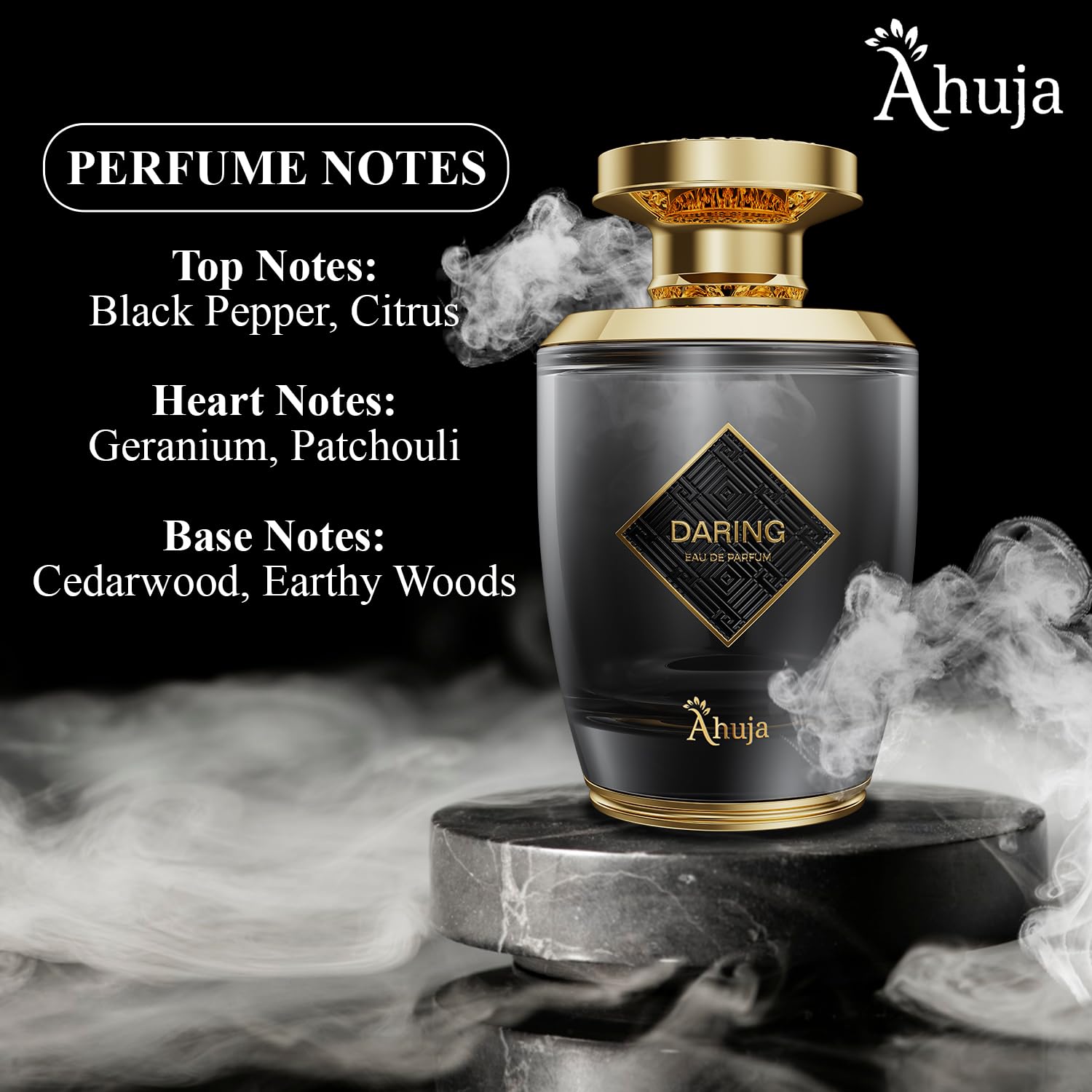 AHUJA Daring Eau De Parfum 3.4 Fl Oz – Long Lasting Perfume for Men w/Pepper & Citrus, Geranium & Patchouli – Bold Masculine Fragrance w/Fresh & Earthy Notes for Everyday Wear – Elegant Gift Scent