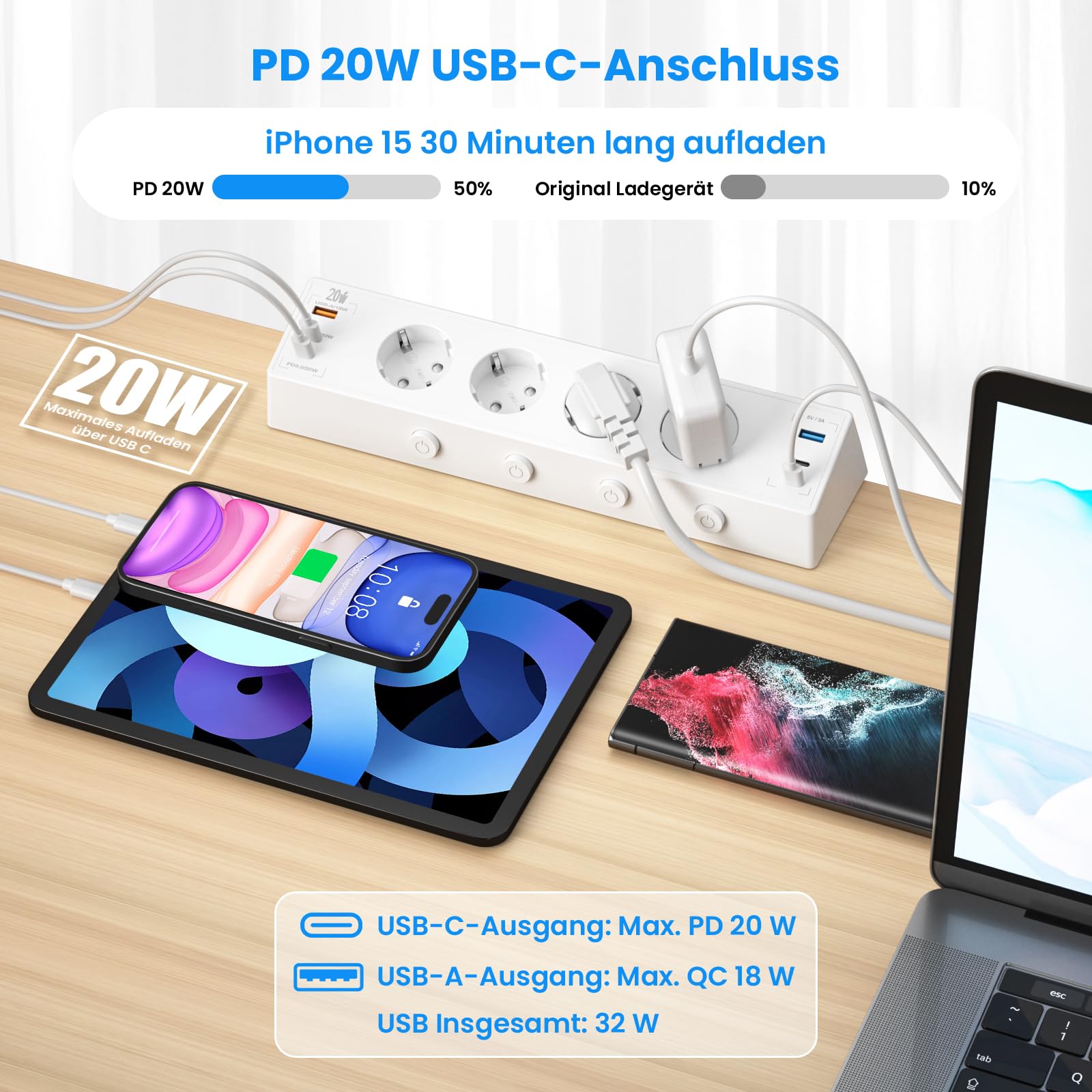 Kinglink, presa da tavolo con USB C 20 W, Ciabatta elettrica commutabile singolarmente, 4 prese multiple con interruttore, protezione da sovratensione con cavo da 2 m, per casa, ufficio, bianco