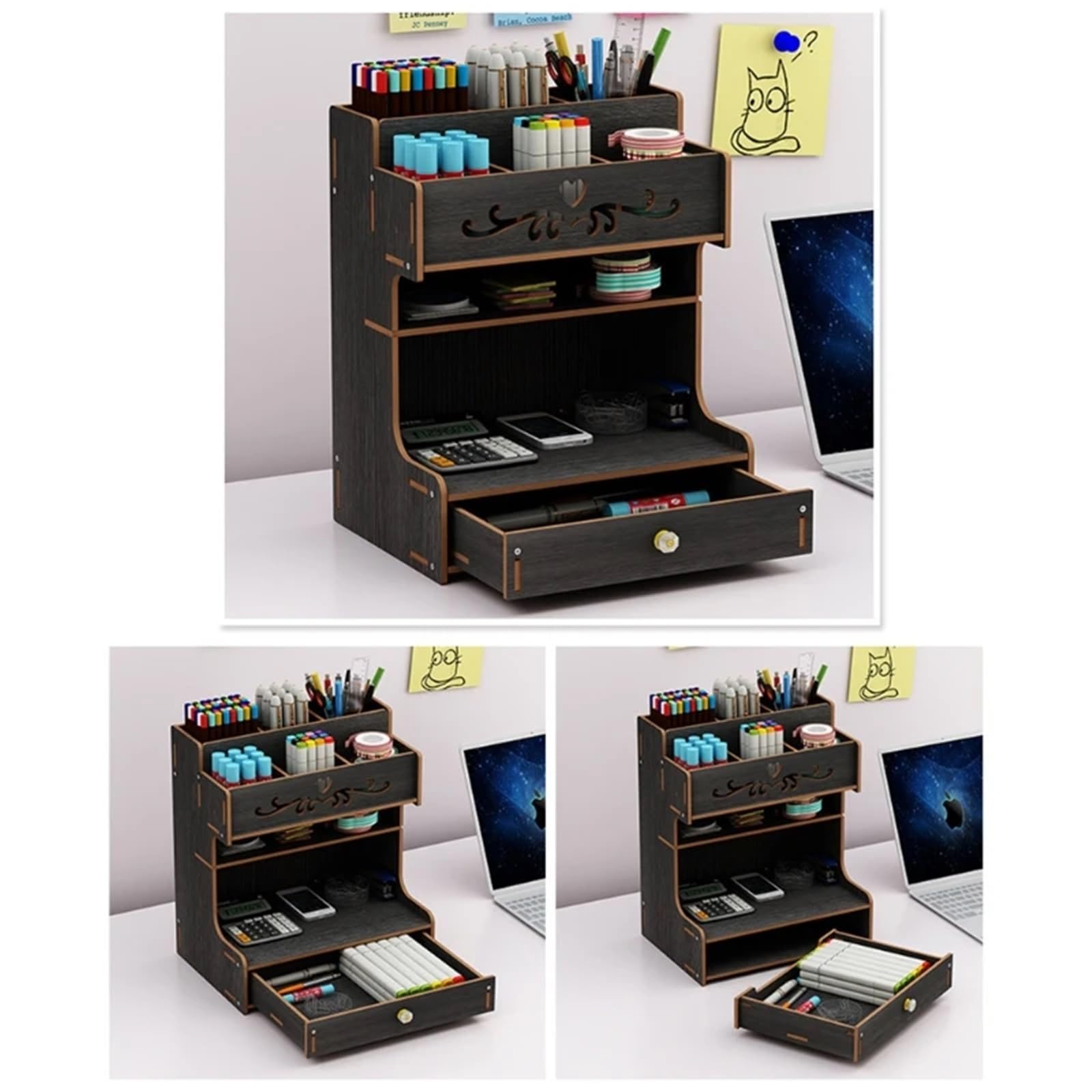 organizador escritorio Wooden Pen Holder With Drawer Multi-Functional Desktop Stationary Pencil Box Home Office Art Supplies Rack(Color 5)