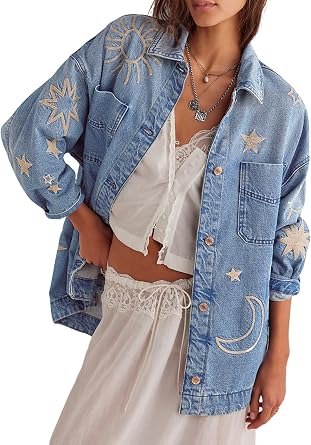 utcoco Womens Vintage Oversized Denim Jacket Embroidered Graphic Casual Loose Fit Button Down Jean Jacket