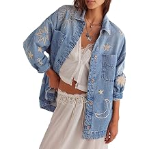 utcoco Womens Vintage Oversized Denim Jacket Embroidered Graphic Casual Loose Fit Button Down Jean Jacket