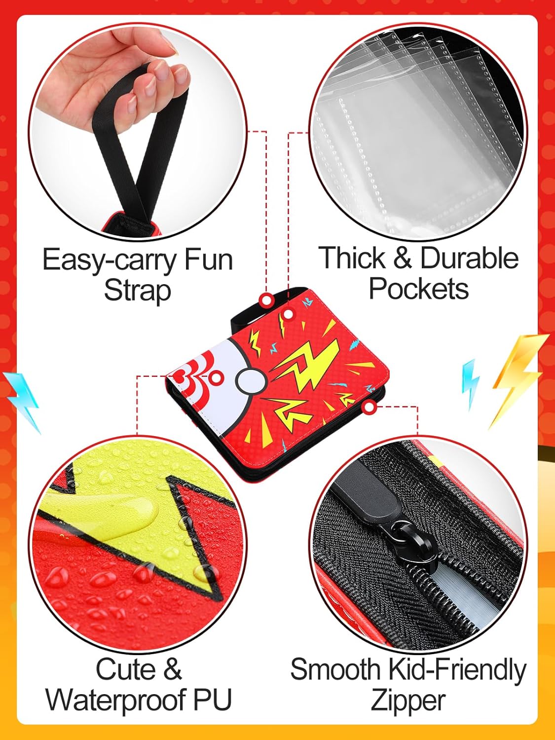 Small Portable Card Storage Binder Fits 400 Cards - 4 Pockets Zipper Card Albums for Trading, Card Holder with Removable Sleeves for Boys Gift, Red