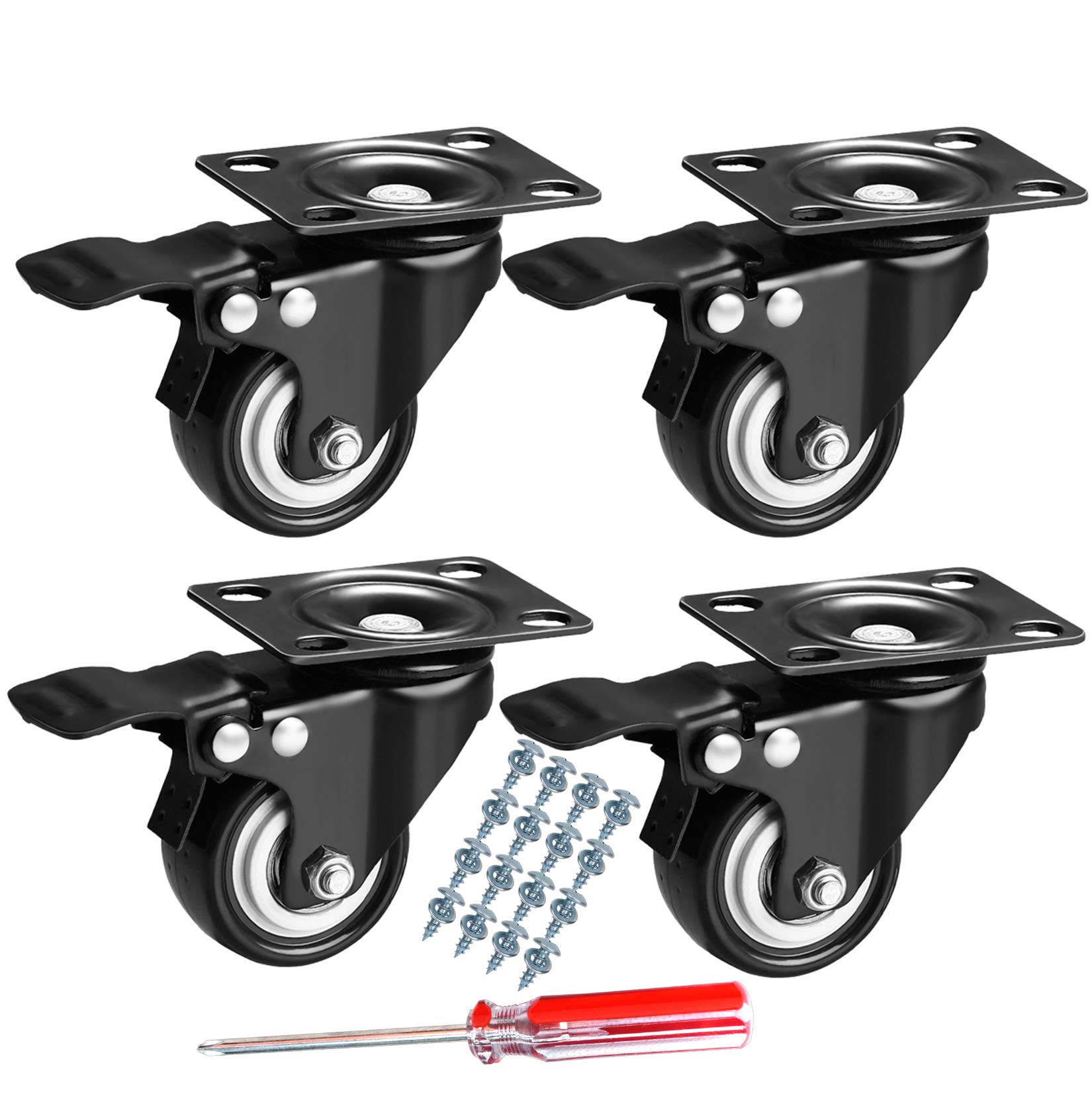 DICASAL 2" Heavy Duty Swivel Plate Casters PU Foam Quite Mute No Noise Castors Markless Rubber Wheels Double Bearings and Locks Loading 330 Lbs Pack of 4 with Brake Black