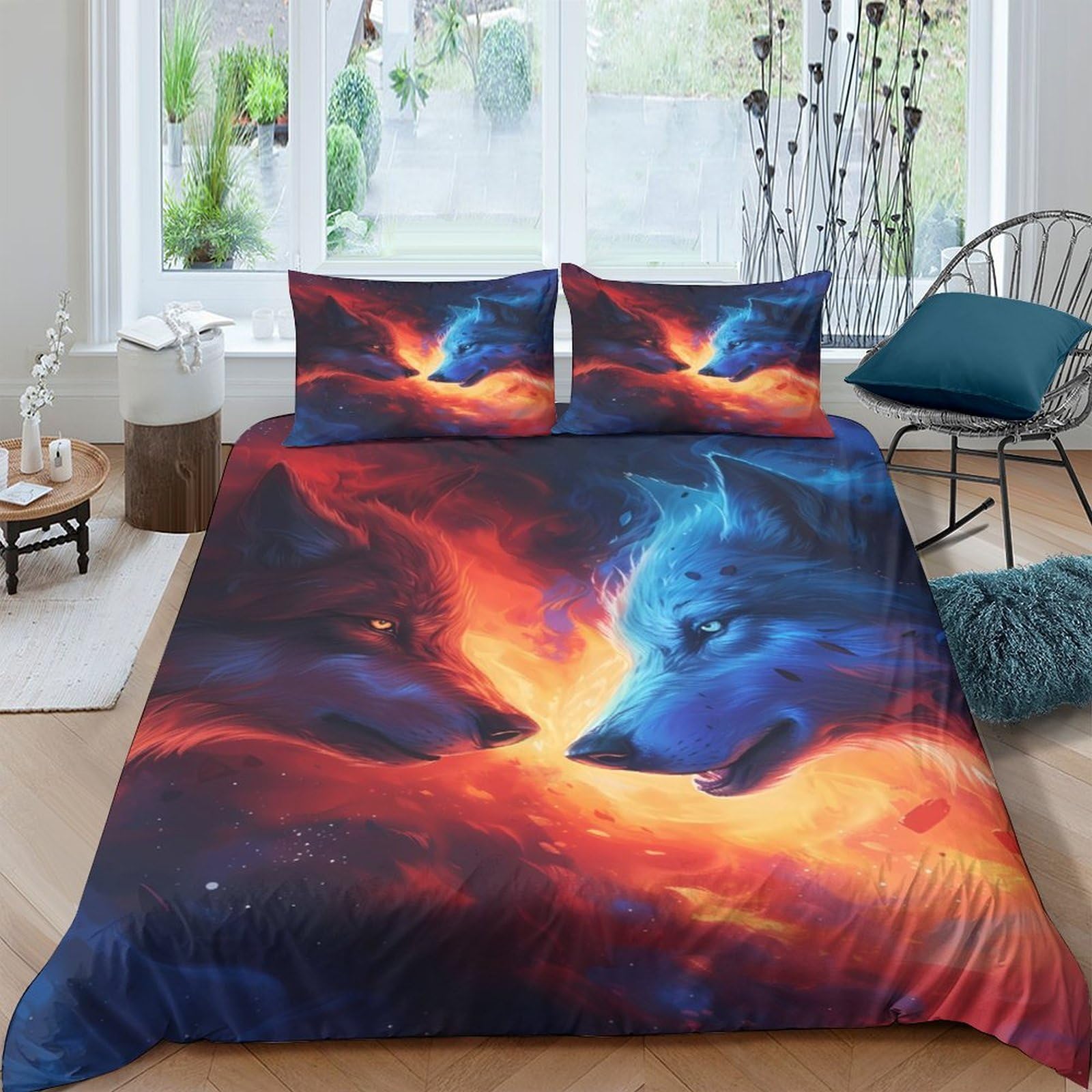 Ctjqhvkz Style-1 3D Printed Fire Wolf Fitted Sheet Microfiber Soft Blue Flame Mattress Cover Anti-Slip Machine Washable For Bedroom Dorm Single（135X200cm）