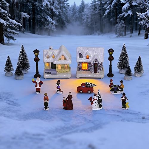 Miniatura 4 de Juegos de pueblo navideño  18 piezas de resina pintadas a mano, casas de aldea de Navidad con luces LED, decoraciones de Navidad para repisas,