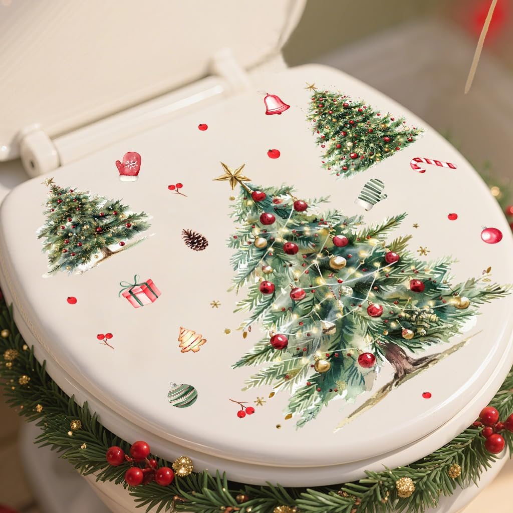 3 Sheets Christmas Toilet Stickers Toilet Seat Lid Cover Decals Christmas Tree Colorful Self-Adhesive Waterproof Removable Decal Stickers for Xmas Home Party Bathroom Wall Decoration