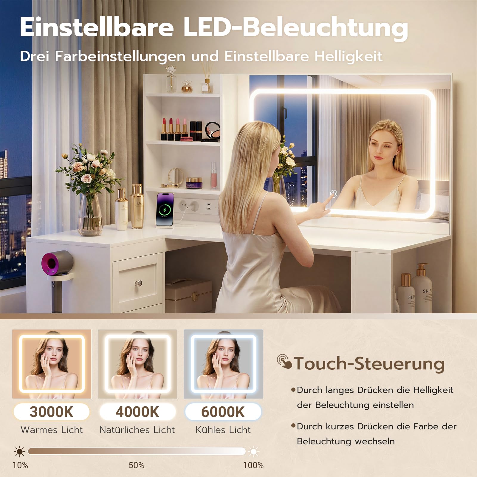 YOUDENOVA Schminktisch mit LED-Beleuchtung, Großer Spiegel und Steckdosen, Schminktische mit 3 Schubladen und 3 Ablageflächen, 4 Unterbaufächer, L-Förmiger Eckschminktisch, 120x80x136cm, Weiß