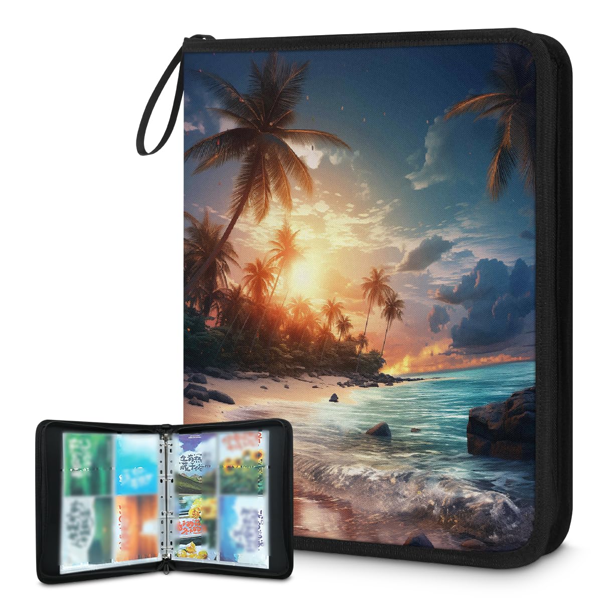 Carpeta para tarjetas de intercambio con 4 bolsillos, diseño de palmera de puesta de sol, álbum de tarjetas con fundas extraíbles, impermeable, con cremallera, capacidad para 50 páginas y 400 tarjetas