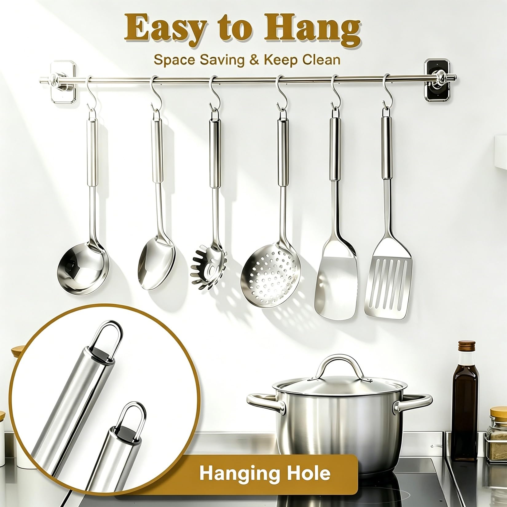 Juego de 6 utensilios de cocina de acero inoxidable, juego de utensilios de cocina de metal para cocinar, juego de espátulas resistentes al calor, juego de herramientas de cocina con volteadores,