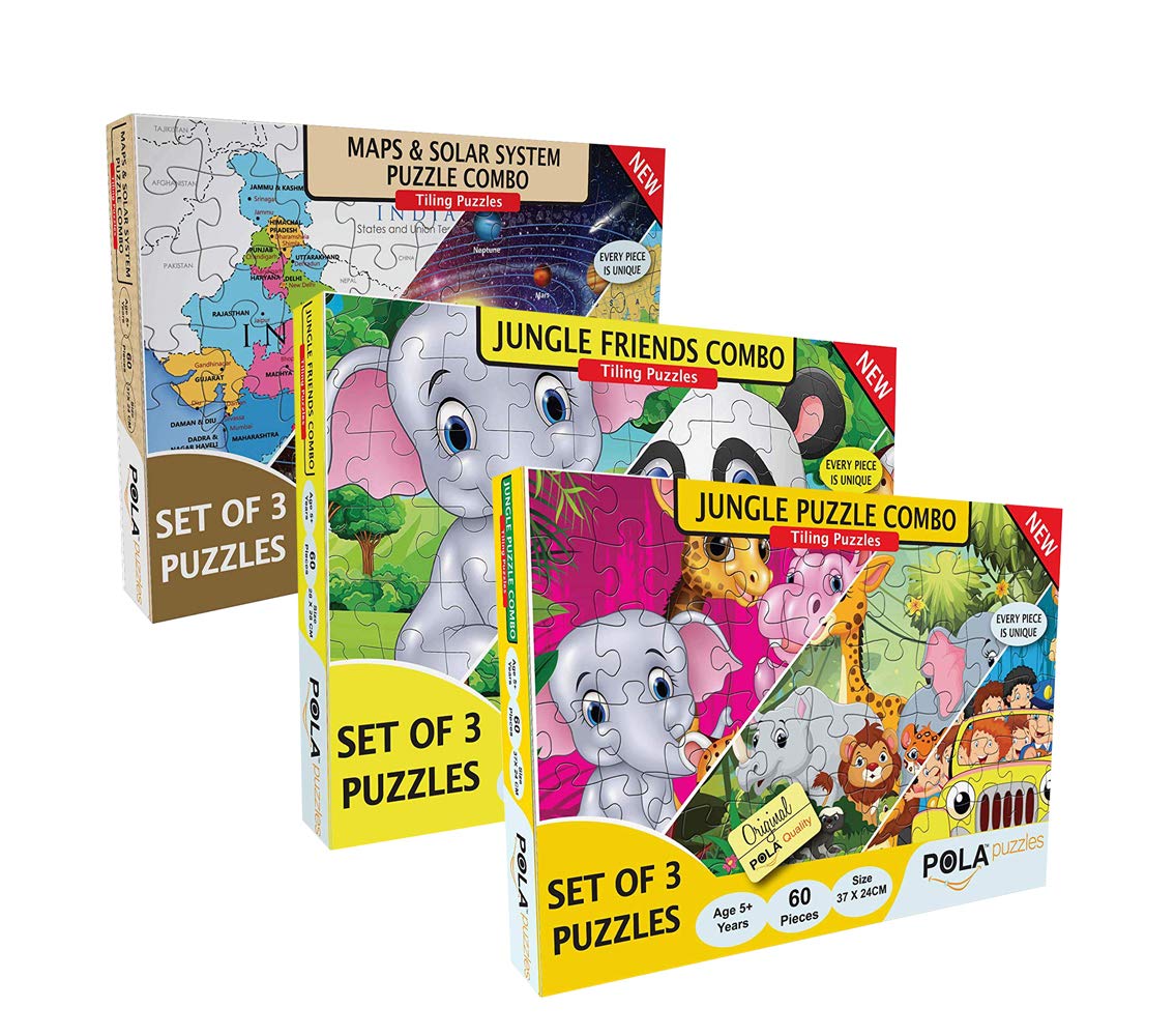 Pola Puzzles Jungle Puzzles Combo Jungle Friends Combo and Maps Combo Set | 9 Jigsaw Puzzles for Kids Age 5 Years and Above | 60 Pieces Each | Multicolour | Size 37 CM X 24 CM