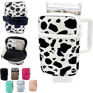 Water Bottle Pouch for Stanley Cup Accessories 30/40oz with Versatile Phone Pocket, Arm Bag Non-Slip Waterproof Sports Carrying Bag Water Bottle Phone Holder for Gym- Cow Print