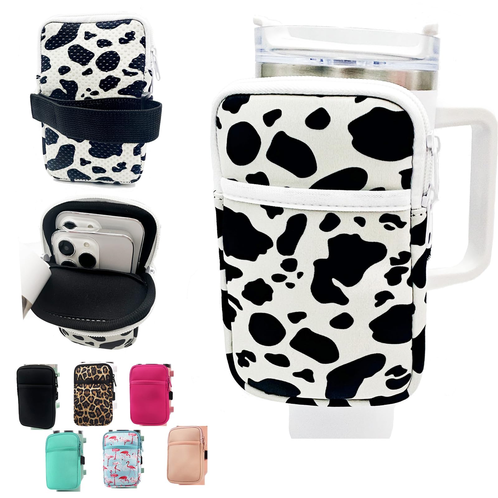 LMYUHONG Water Bottle Pouch for Stanley cup accessories 30/40oz with Versatile Phone Pocket, Arm Bag Non-slip waterproof Sports carrying bag Water Bottle Phone Holder for Gym- Cow print