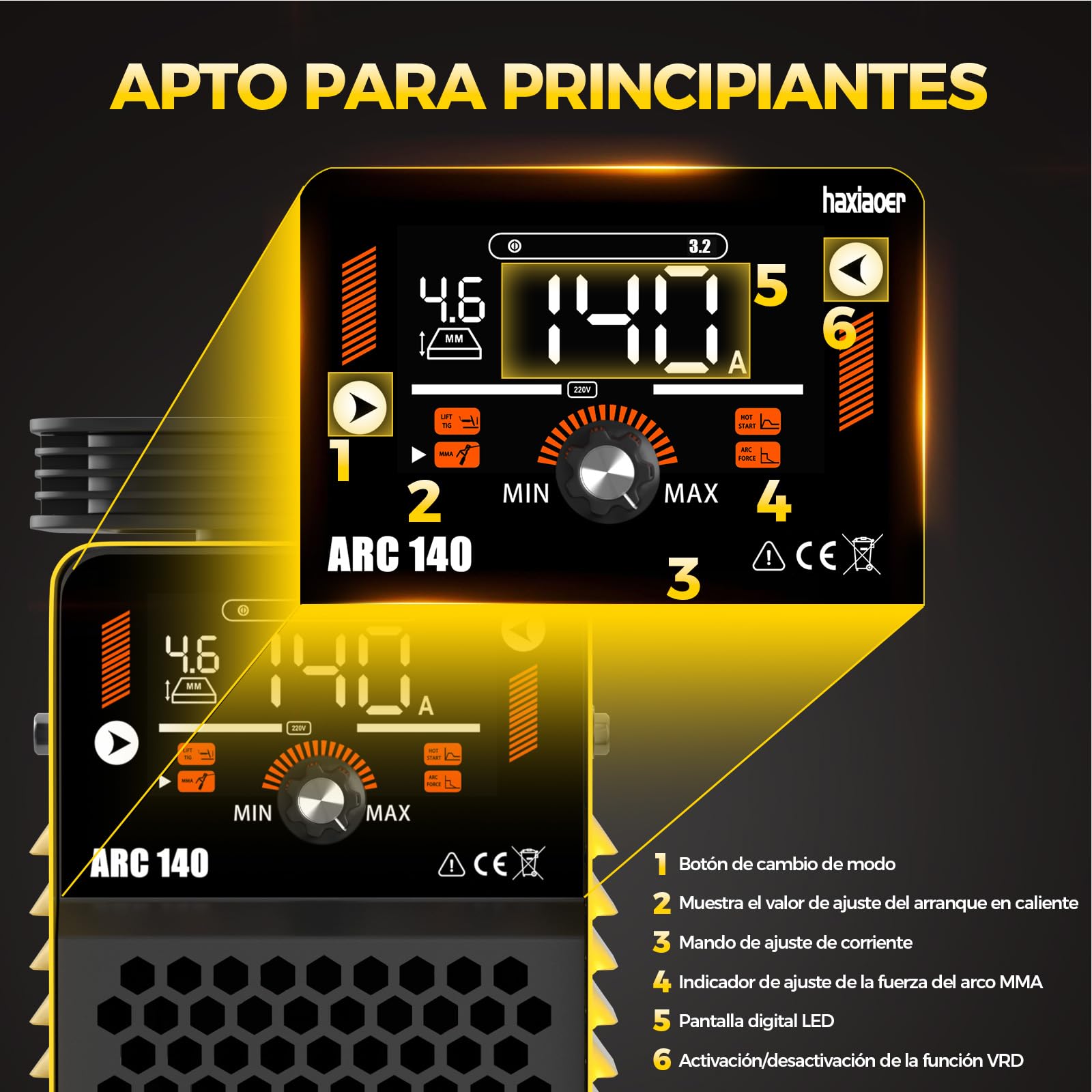 haxiaoer 140A Soldador Inverter - 2 en 1 Mini Maquina de Soldar de MMA Lift TIG Con Pantalla LCD Digital Inteligente Soldador de Arco, IGBT, 10 Electrodos de Soldadura