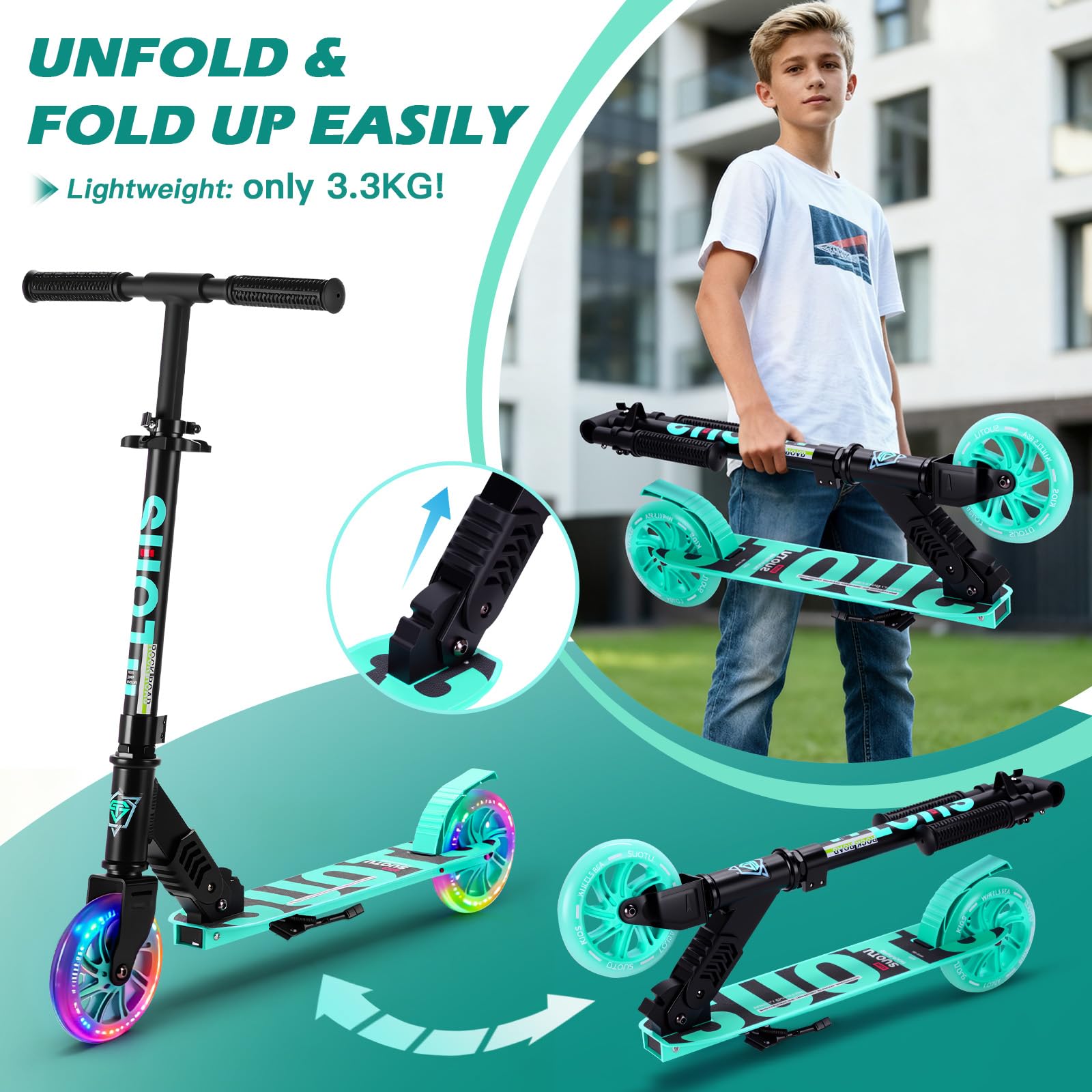 SUOTU Patinete Niño con Grandes Ruedas Iluminadas de 145 mm, Carga Máxima: 100 kg, Scooter para Niños de 3 a 12 Años, Plegable, Volante Ajustable Altura, Aluminio — view 8