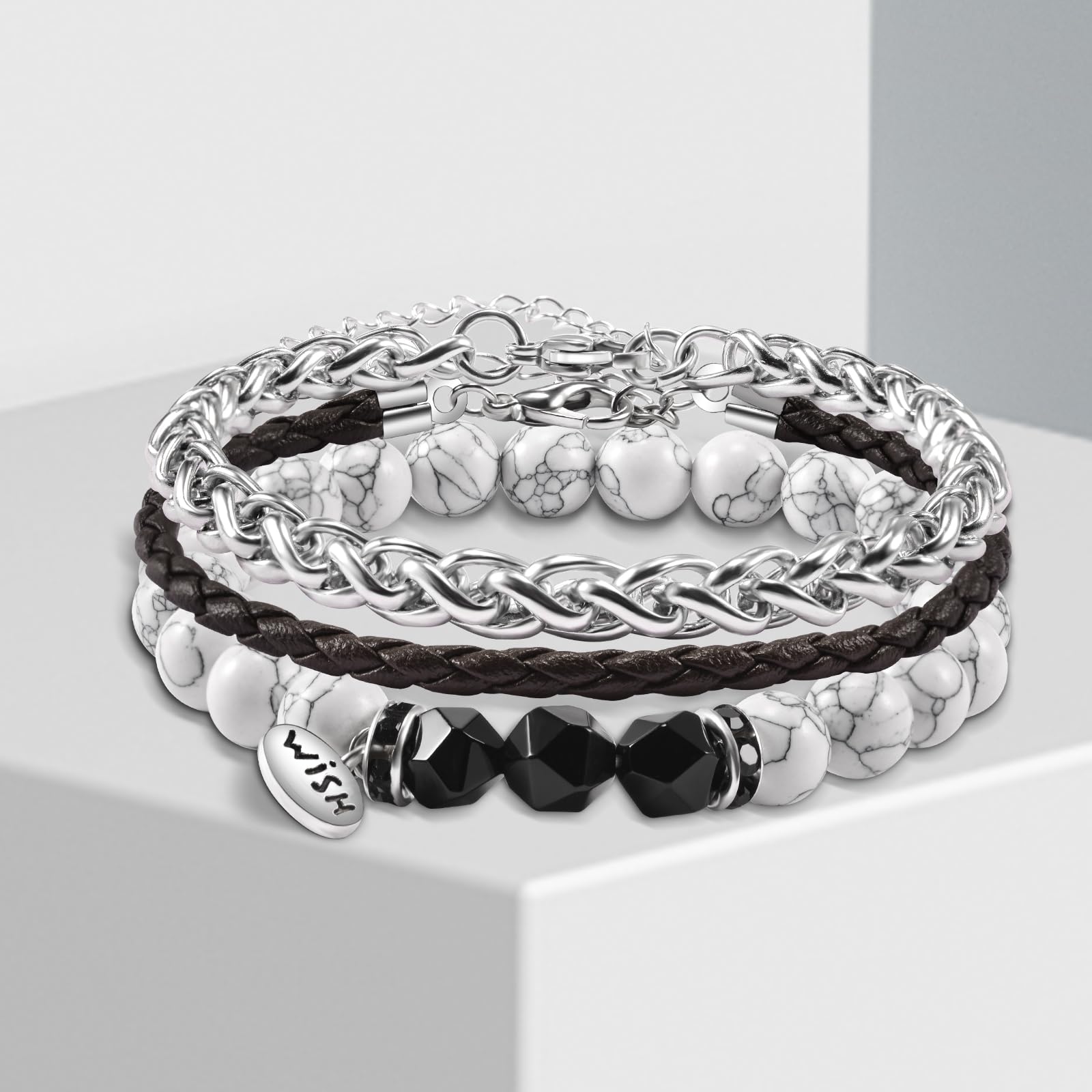 YELUWA 3 PCS Bracciali Di Pietra Bianco Turchese Africana per Uomo Con 3 Bracciale Di Ossidiana Nera in Titanio E Corda Vintage Intrecciata Mano Regali Compleanno per Ragazzi Fidanzati Moda Bracciale