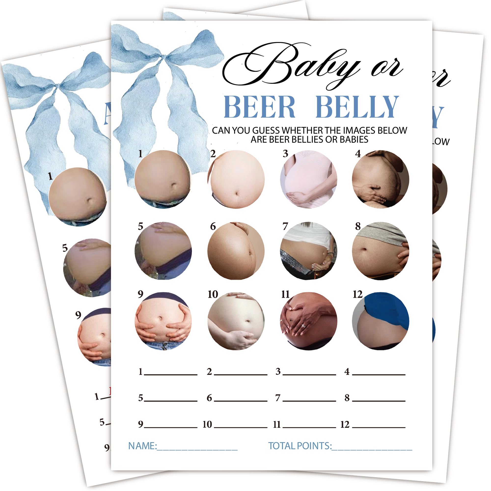 MXLINSW Blue Baby Shower Games for Boy, Beer Belly Game Cards, 25 Gender Neutral Cards with 1 Answer, Blue Bow Gender Reveal Party Supply Kit, Baby