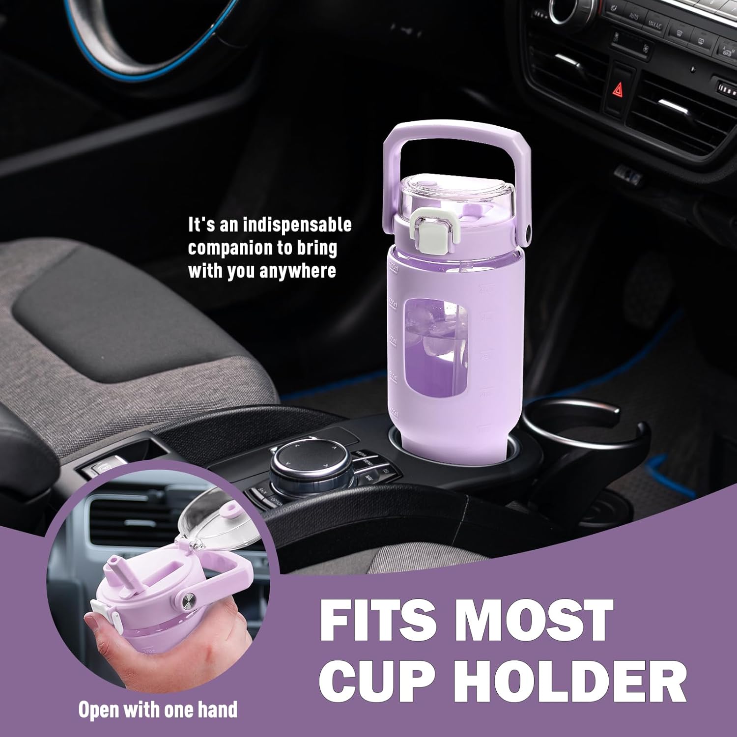 BLUEGO 40oz Glass Tumbler with Lid and Straw, Glass Water Bottles with Handle, Glass Cup with Time Marker and Silicone Sleeve, Fits Most Cup Holder, Leak-proof, Purple - Image 5