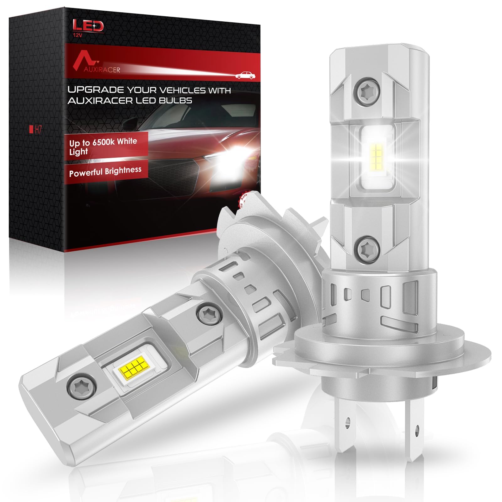 Gros plan sur les puces LED haute puissance de l'ampoule AUXIRACER H7, illustrant sa technologie avancée.