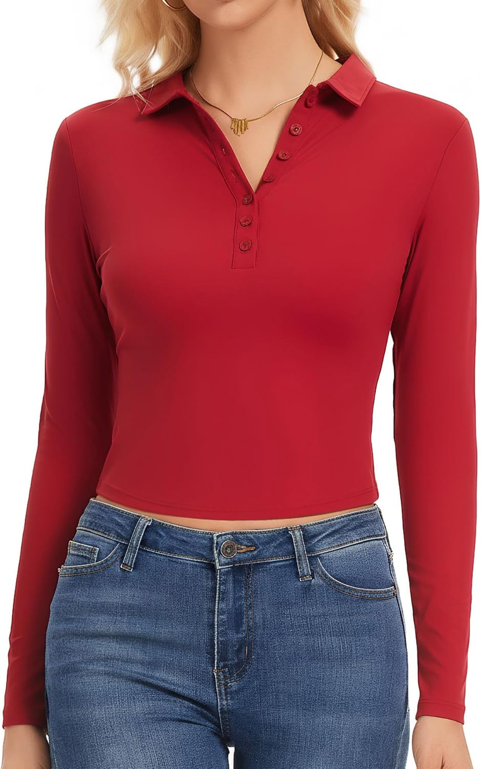 Womens Polo Shirts Long Sleeve,Cropped Collared Shirt Cute Fitted V Neck Tops with Button - Image 2
