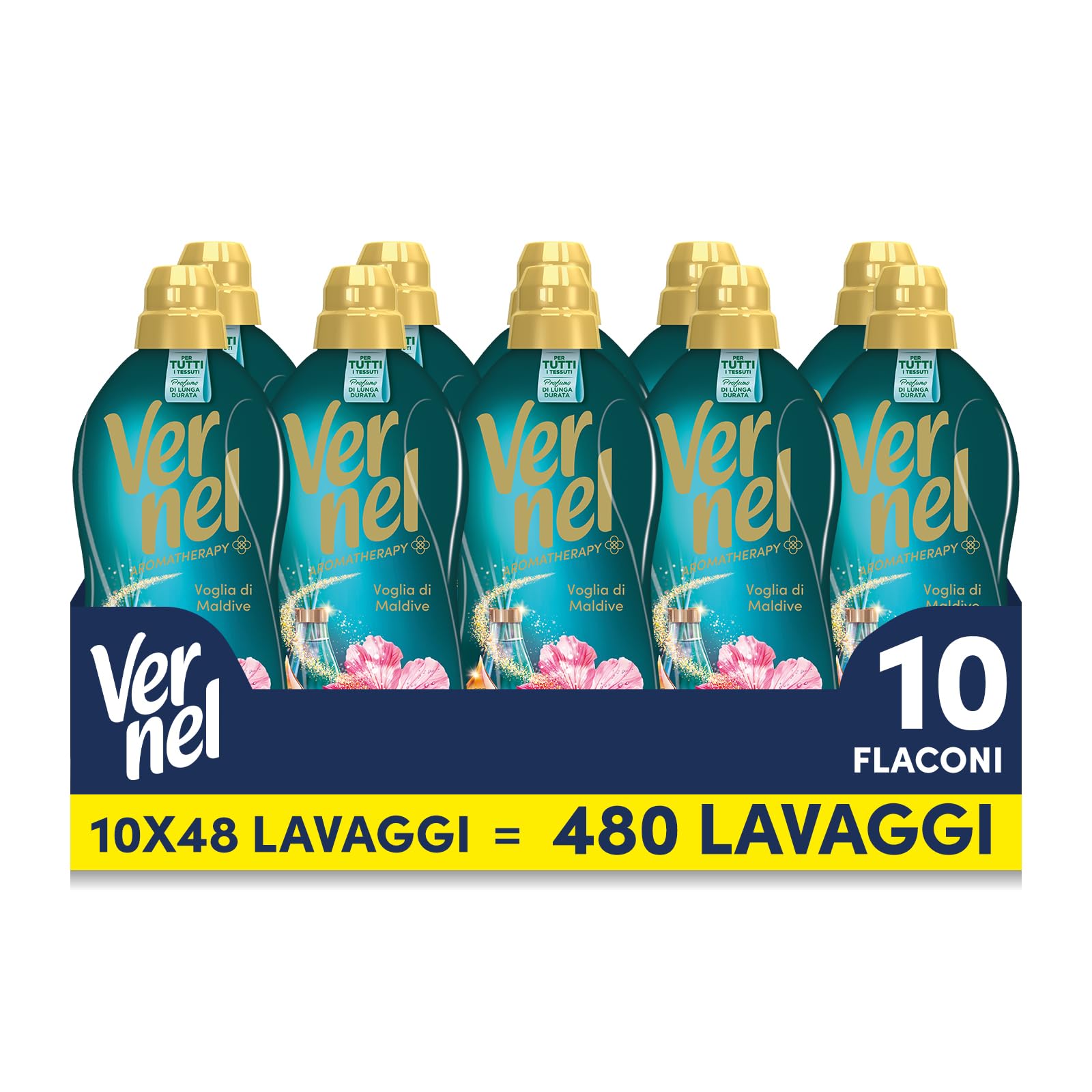 Ammorbidente Concentrato Vernel Aromatherapy Voglia di Maldive (10 x 48 lavaggi), Ammorbidente Concentrato per Tutti i Tessuti, Profumo di Lunga Durata con Oli Essenziali