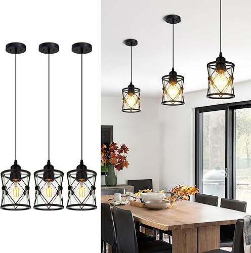 Lámpara colgante de granja, luces colgantes rústicas para isla de cocina, luz colgante con marco de madera, caja de metal, base de bombilla E26