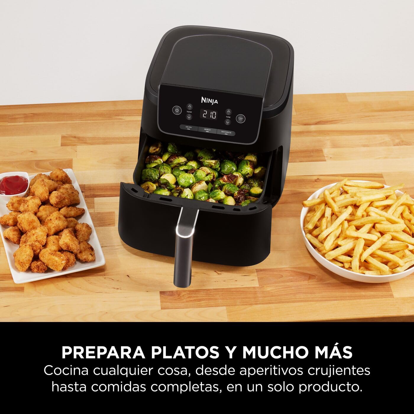 Ninja freidora de aire de 4,7 l, monocajón, 3 en 1, fríe con aire, recalienta, deshidrata, 1-2 personas, digital, cocina sin descongelar, cajón y rejilla antiadherentes, 2000W, negra AF110EU