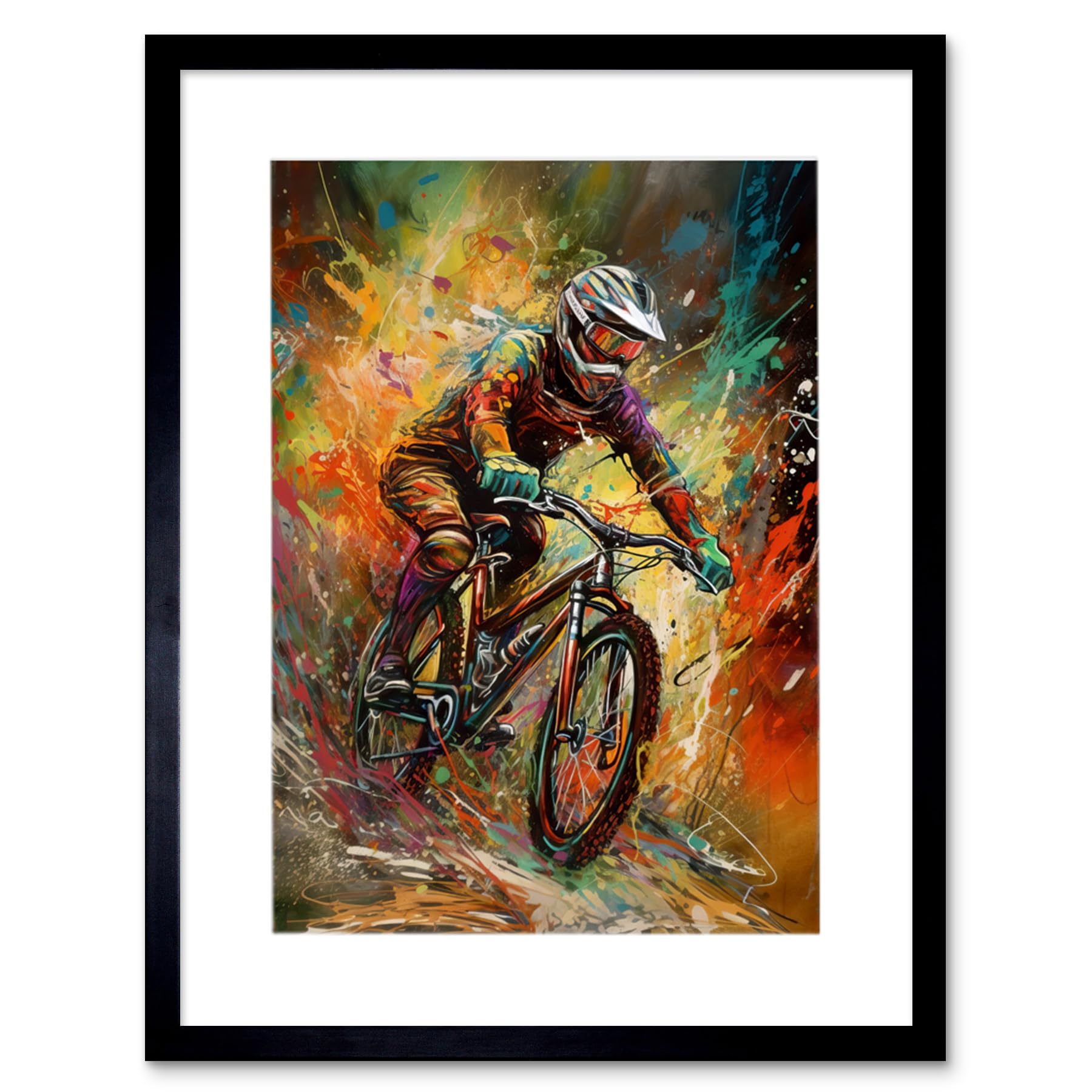 Artery8 Mountain Biker Paint Splat Portrait Action Shot Artwork Framed Wall Art Print 12X16 Inch