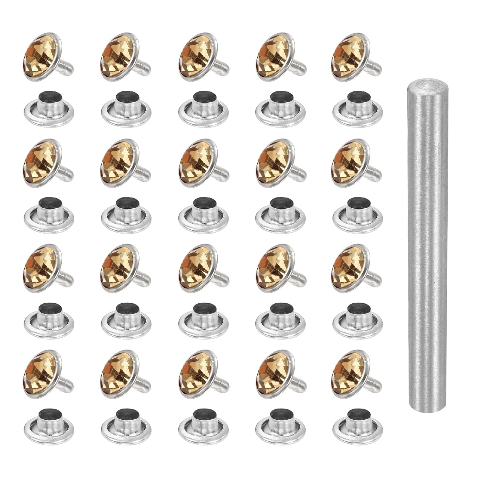 sourcing map 100pcs Crystal Rivets 10mm Rhinestone Rapid Stud Rivets with Steel Installation Tool for Clothing Leather Fabric Arts Crafts Decoration Leathercraft DIY, Silver Brown โ image 1