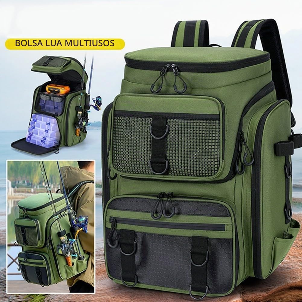 Mochila de pesca impermeable con almacenamiento robusto y soporte de caña para exploración al aire libre (negro)