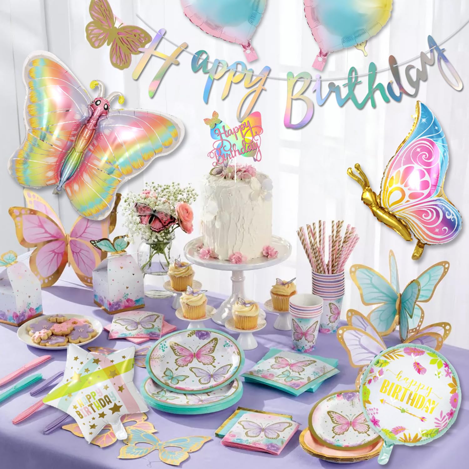 Verjaardagsdecoratie, paarse Happy Birthday-banner met honingraatbal, vlinders, hangende wervels, cirkel, puntsslinger, decoratie, bruikbare feestdecoratie voor vrouwen en meisjes