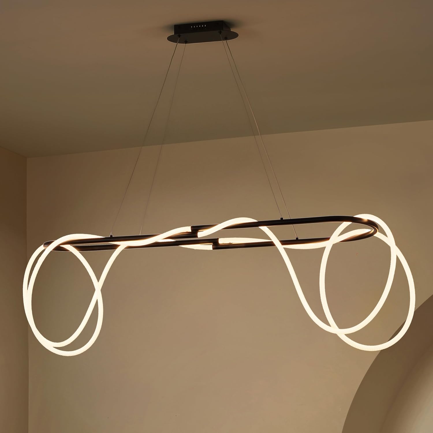JONATHAN Y 59" Black Lisette Contemporary Minimalist 360 Adjustable Silicone Rope/Metal Dimmable Integrated LED Chandelier, Slope Ceiling Compatible (JYL7139B)
