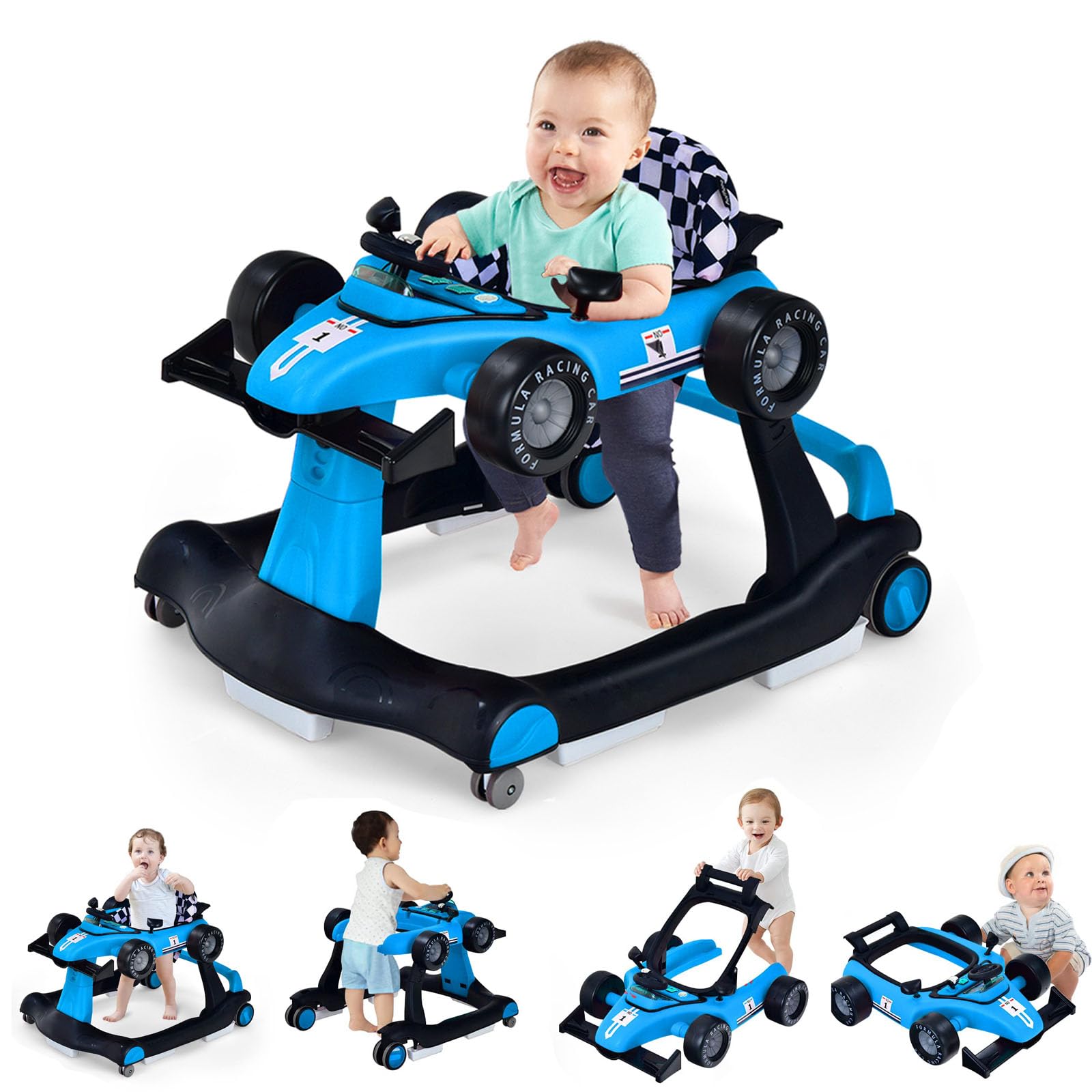 RELAX4LIFE Girello per Bambini 6-18 Mesi, Baby Walker 4 in 1 Trasformabile, Carrello Primi Passi e Macchinina a Spinta con Luci e Suoni, Altezza Regolabile, Pieghevole (BLU)