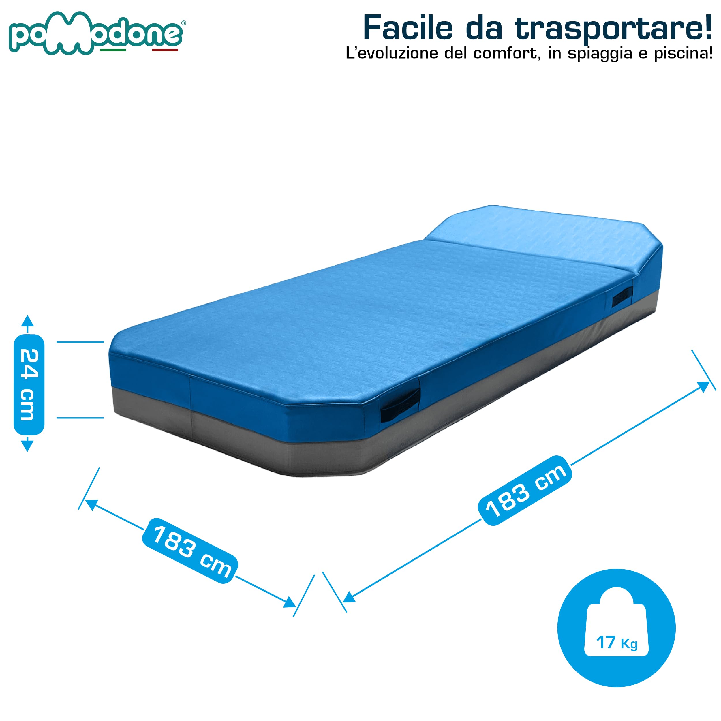 Lettino Galleggiante Piscina e Mare Singolo In Ecopelle Prendisole Per Adulti Bambini Imbottito Con Cuscino Morbido Pomodone 183x80x17 Ibiza