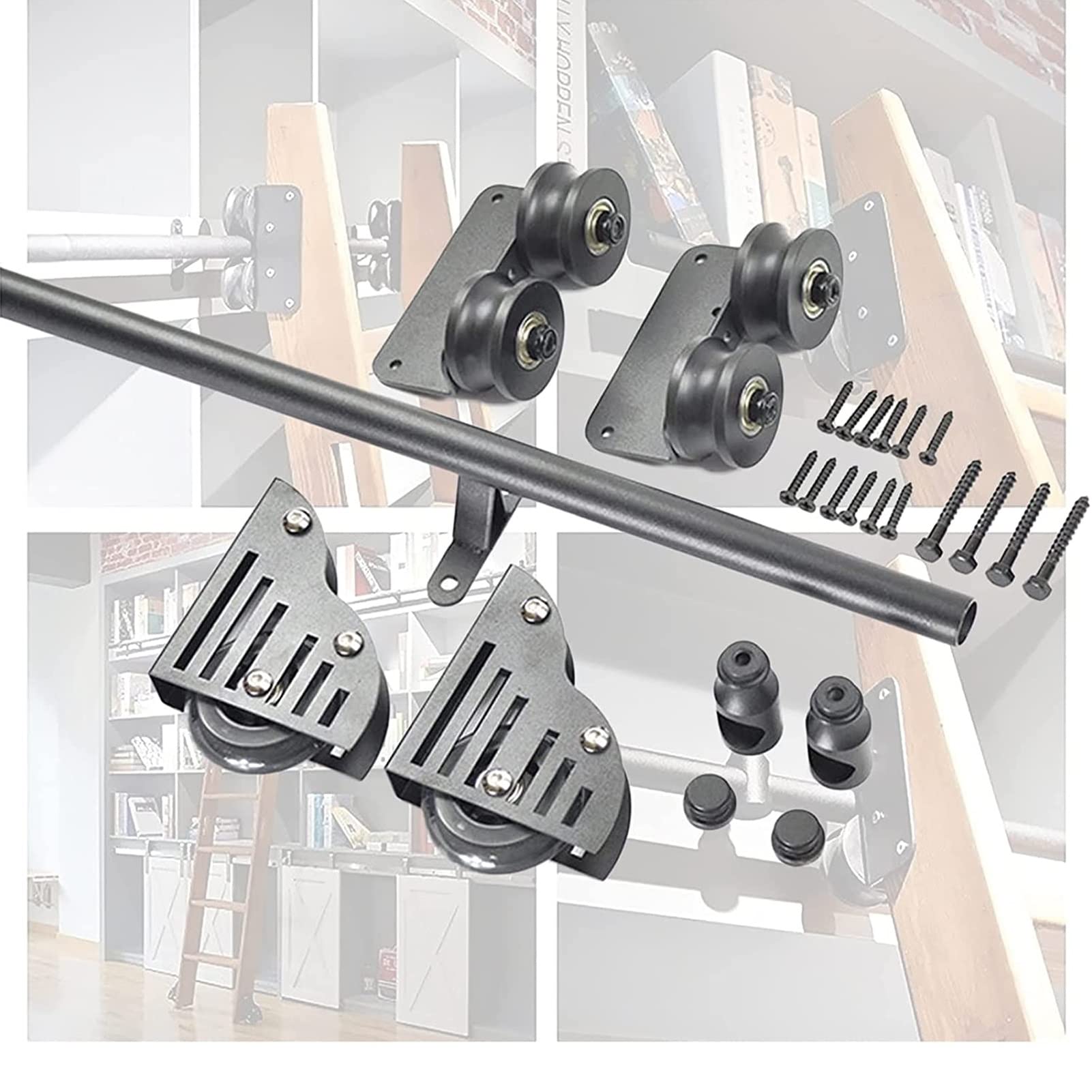 GHFXSCV Library Rolling Ladder Hardware Kit, 3.3ft- 20ft Sliding Roller Ladder Hardware Kit Track/Rail(No Ladder), Round Tube Mobile Ladder Track with Roller Wheels (Size : 6.6ft/200cm Track Kit)