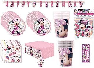 Minnie Birthday Party Supplies Bundle for 16 Includes Cake Plates, Napkins, Cups, Table Cover, Happy Birthday Banner