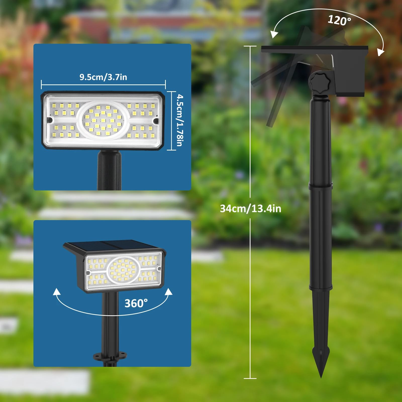 Faretti solari a LED da 2 pacchi, Luci di sicurezza solari, Accensione/spegnimento automatico Luce per esterni da esterno, Luci da giardino impermeabili IP65, per patio, vialetto, stagno, terrazza