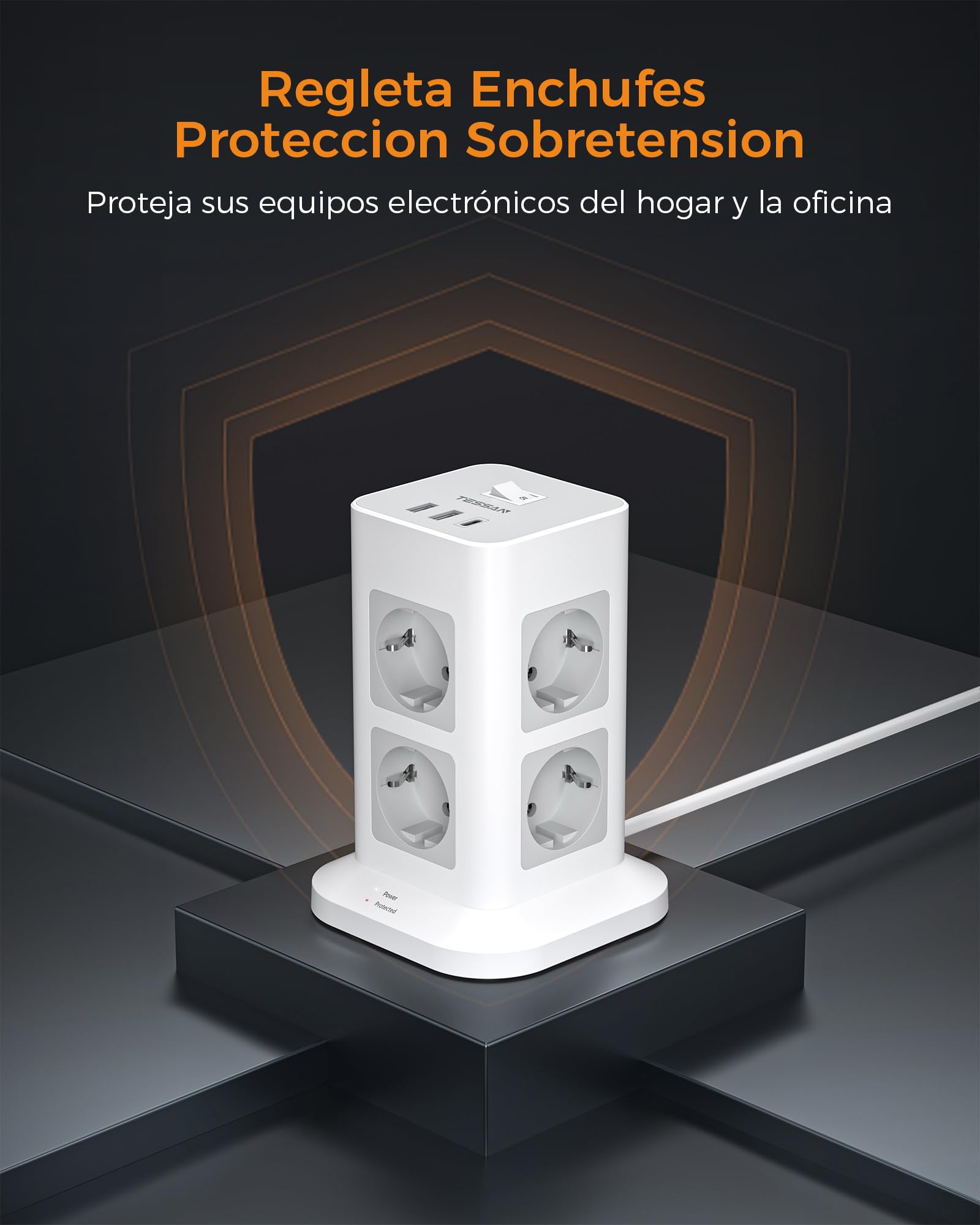 TESSAN Regleta Enchufes Multiple Proteccion Sobretension, Torre Enchufes Vertical 8 Tomas con 1 USB C, Alargador 2M, Regleta USB con Interruptor para Casa, Oficina, 3600W, Gris — view 6