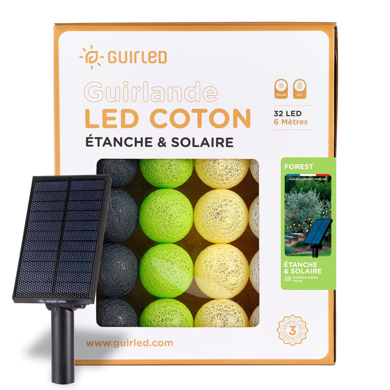 GuirLED - Girlanda zewnętrzna z kulami świetlnymi LED-Guinguette - Wodoszczelna IP55 - Wysokowydajny panel słoneczny - Automatyczne WŁĄCZ/WYŁĄCZ - 32 kule 6 m - Forest