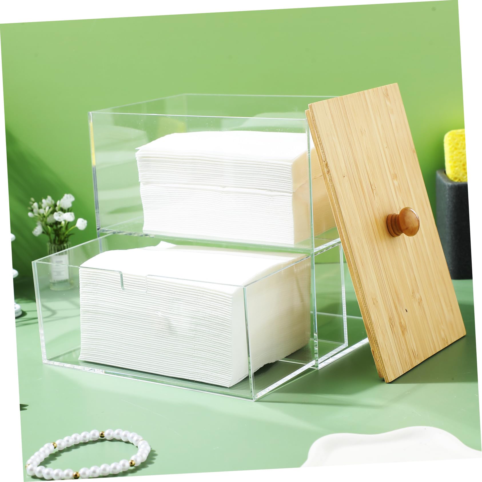 ABOOFAN Organizer mit Bambusdeckel Aufbewahrungsbox aus Acryl Platzsparende Wäschekapsel und Deckel mit Doppelkammern für Wäscheraum