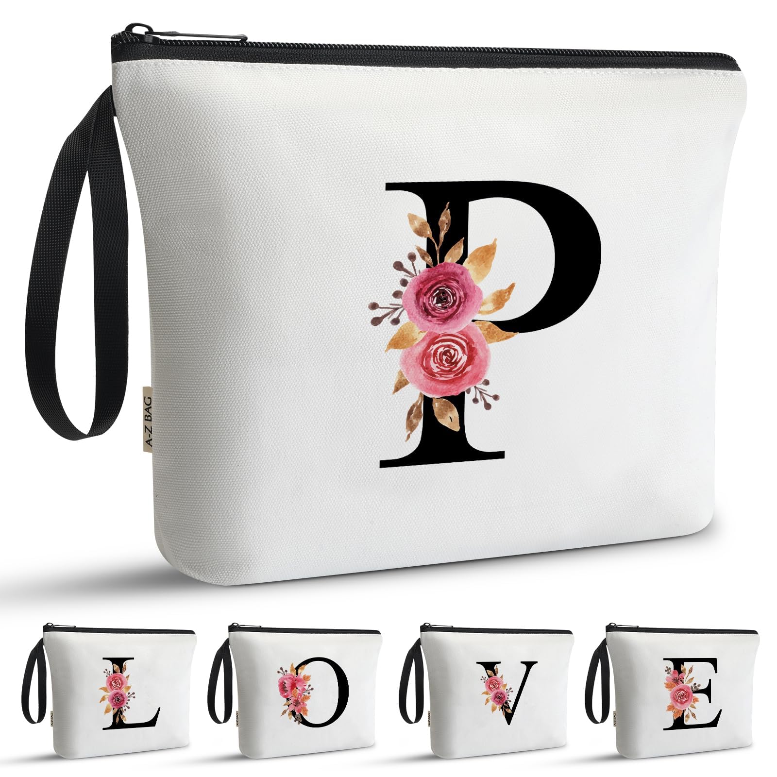 A-Z BAG Personalised Initial Makeup Bag with Floral Letter,Gifts for Women,Mum,Friend,Sister,Teenage Girls,Bridesmaid,Cosmetic Wash Bag & Toiletry Pouch,P