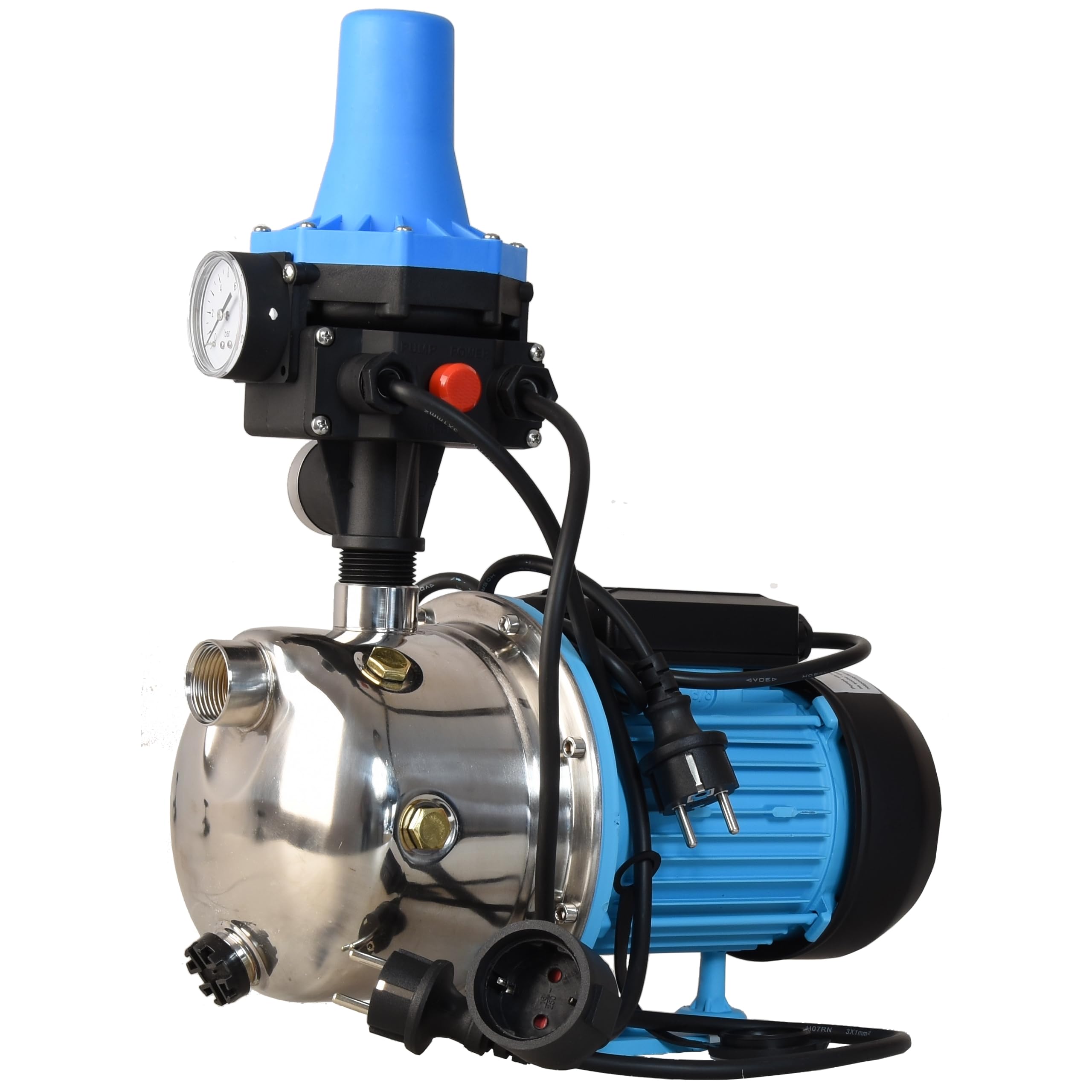 Pompe de Jardin Professionnelle JX 1100 avec Pressostat CSK 31 - Pompe à Eau (1100 W, 3600 l/h, hauteur de Refoulement 50 m) - Pompe arrosage INOX - Commande de Pompe - Protection Fonctionnement à Sec