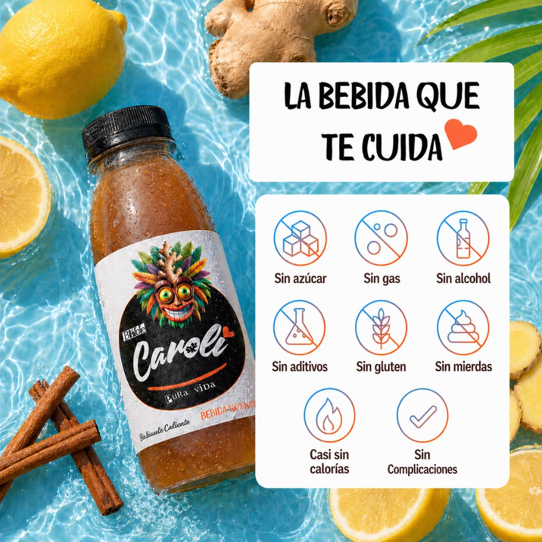 CAROLI Bebida de jengibre limón y canela Refresco natural Sin gas Sin azúcares Sin alcohol Digestiva Antiinflamatoria Antioxidante Hidratante Ginger 6x230ml