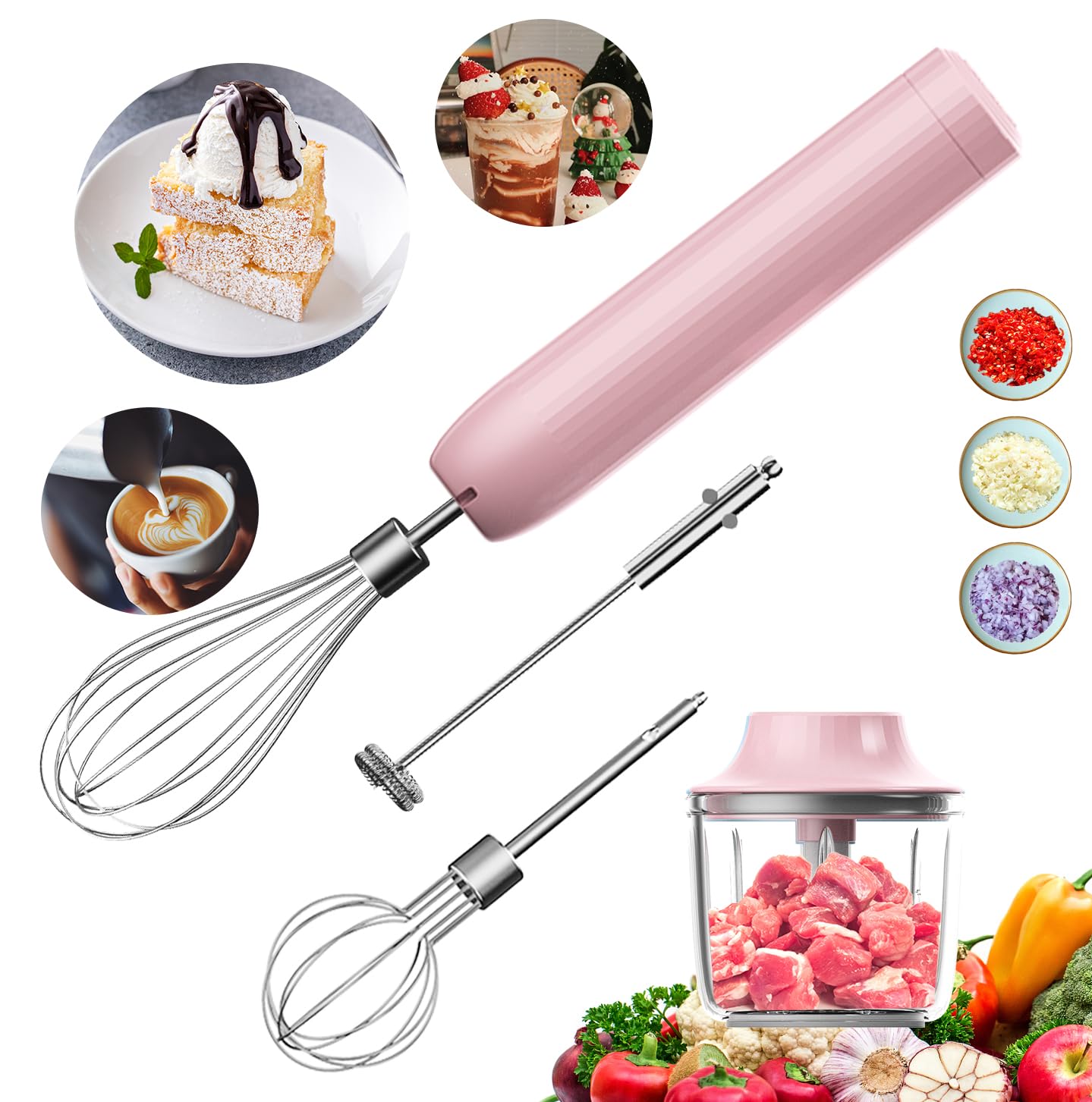 Cordless Hand Mixer with Whisk and Forther Wand,Electric Whisk, Milk Frother,Coffee Frother, Whisks for Cooking,Handheld Frother,Food Chopper, Baby Food Maker,4-Speed, 10Oz